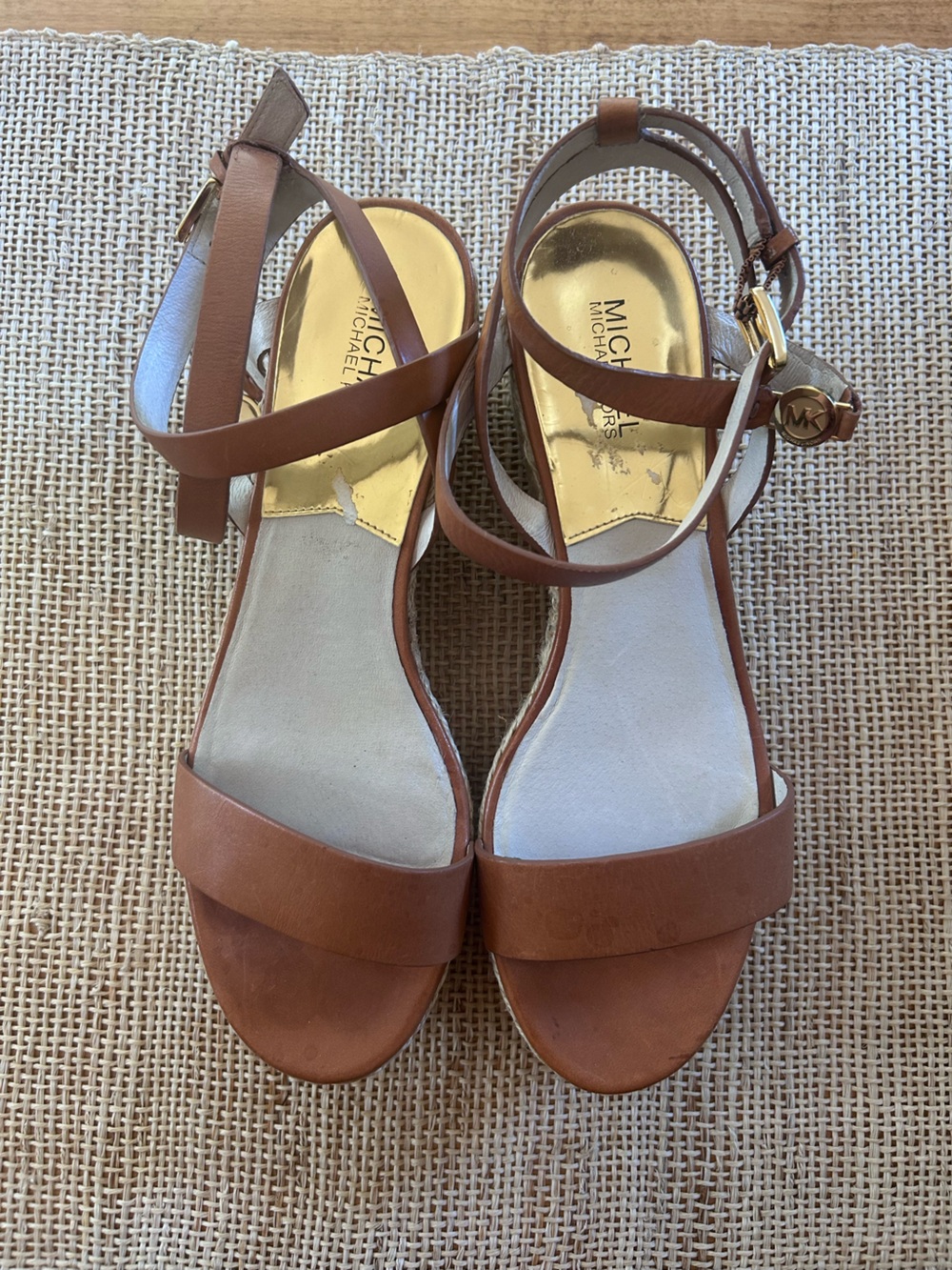 Michael Kors Brown Leather Wedge Sandals w/Ankle Strap&Braided Raffia Platform10